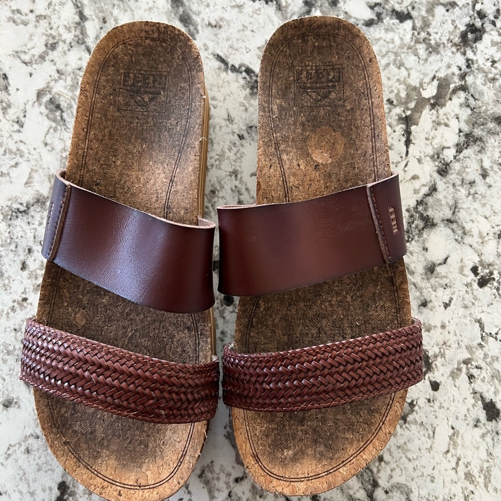 REEF- Size 10-Chocolate Braided & Smooth Double Strap Platform Slides - Picture 3 of 7